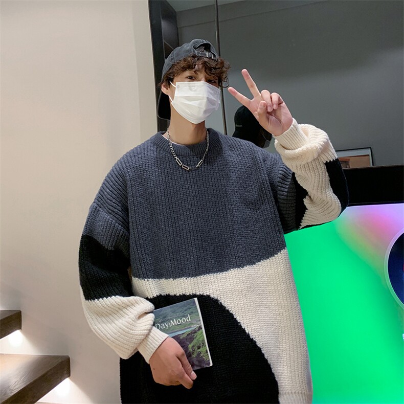 撞色圆领毛衣男春季ins潮流加厚针织衫宽松慵懒风百搭735-P45,男装针织衫/毛衣,星座1109-3