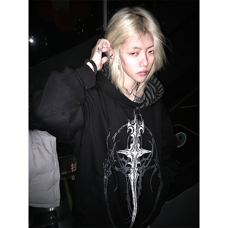 亚文化暗黑系薄款连帽摇滚朋克宽松外套刺青印花上衣女图片