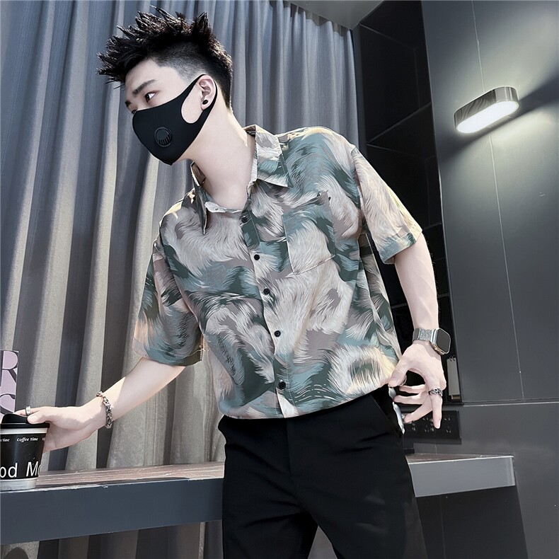 301C-CS17-P58控78夏季冰丝薄款短袖衬衫男痞帅潮社会小伙店主风,男装衬衫,星座301C（原B323）