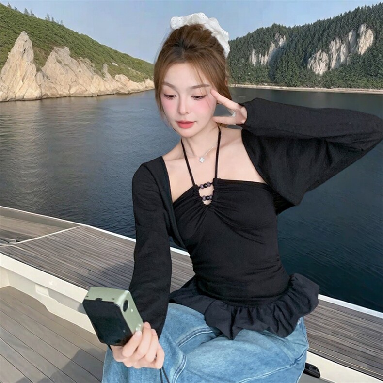 纯欲性感辣妹挂脖抹胸吊带防晒开衫女2025春夏新款,女装背心吊带,1D091-1