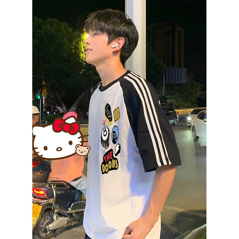 抖音得物品质二开240克宽松纯棉美式潮牌插肩三杠织带短袖T恤，男装T恤，电商A486