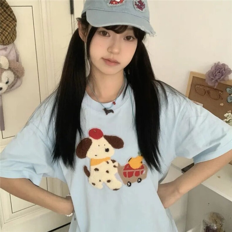 H0527-p35 设计感毛巾绣 潮款短袖t恤女图片