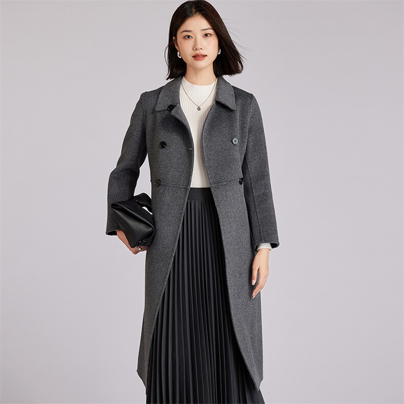 女士秋冬季保暖长款双排扣经典色羊毛大衣时尚百搭显瘦,女装双面呢大衣,羊程大衣