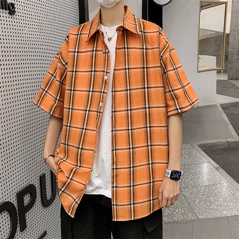 21年夏季短袖衬衫男宽松落肩港风格子衬衫男DS-C407-CS307-P35,男装衬衫,电商C323-1