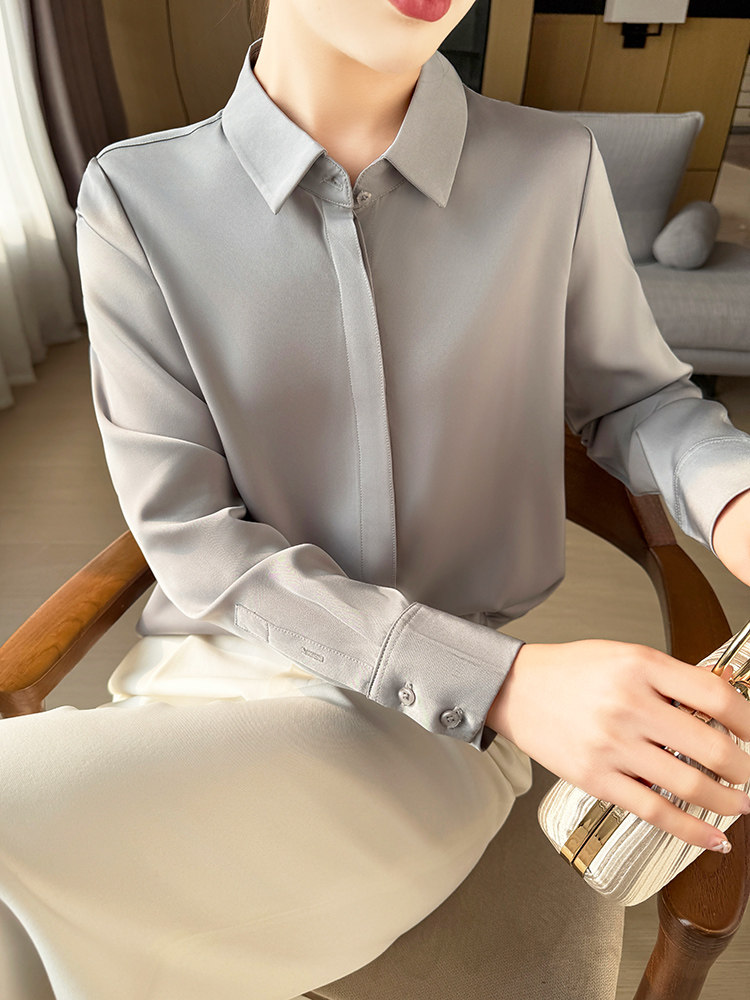 衬衫女Polo长袖春夏新款暗门襟设计感小众气质职业白衬衣,女装衬衫,恩尚羊绒