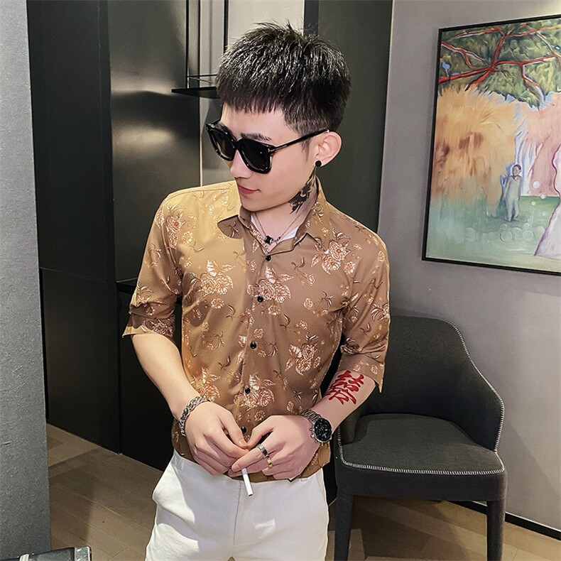 312A-174-P55新款社会小伙中袖衬衫韩版潮流男士五分袖衬衣B,男装T恤,星座312A-5