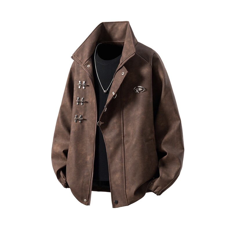 白底美式复古飞机扣可拆卸胸针PU皮大码M-5XL夹克男JK77768P105控，男装夹克，星座227-7