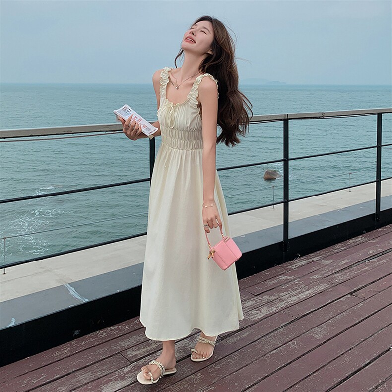 法式甜美褶皱U领黄色中长款连衣裙女夏季新款设计感收腰显瘦长裙,女装连衣裙,鑫慧