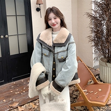 羊羔毛拼接牛仔羽绒服女冬季2025新款高级感美式爆款加厚保暖外套，女装羽绒服，2C170