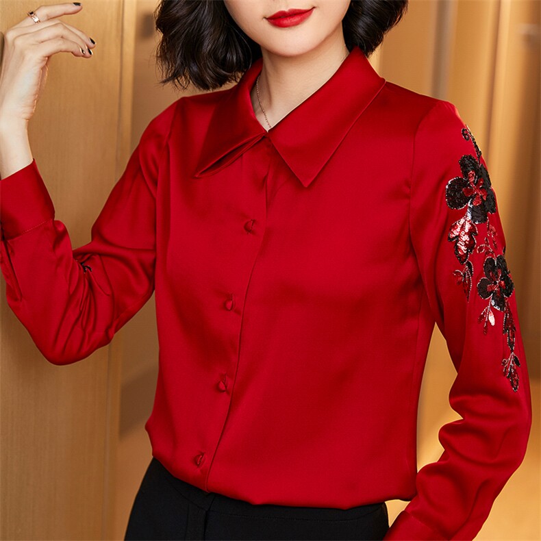 优雅红色真丝衬衫女长袖刺绣修身显瘦职业装上衣单排扣翻领衬衣,女装衬衫,宋氏羊绒