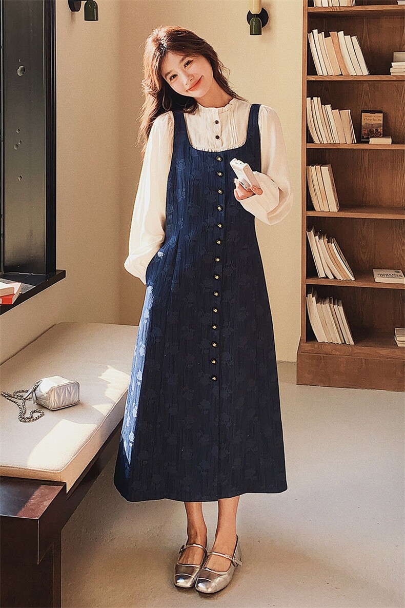 白色衬衫提花牛仔背带裙女套装春秋2025新款法式气质两件套连衣裙,女装套装/套裙,2C293