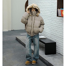 现货三防重磅硬挺boxy短款羽绒棉衣座山雕大毛毛领PU皮棉服外套冬，男装棉衣，电商A486-1