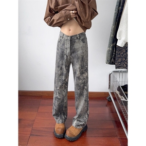 B221 美式ins高街暗黑宽松直筒迷彩牛仔裤LK24405-特P45控78图片