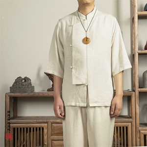 风男装棉麻男士立领唐装衬衫短袖改良新中式短袖X03P75图片