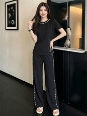 高级感时尚炸街阔腿裤套装女夏季新款洋气显瘦钉珠开叉上衣两件套，女装套装/套裙，江南