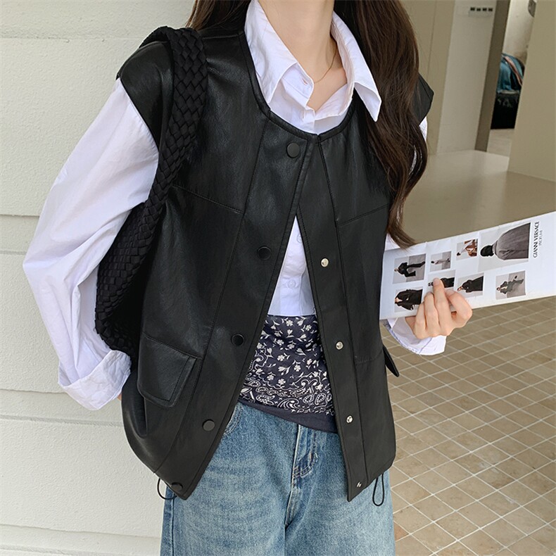 黑色高级感皮衣时尚洋气2025秋新款pu皮马甲圆领外套女,女装皮衣,2C229