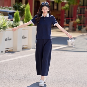 2026夏新款时尚休闲polo衫短袖阔腿裤套装女小个子减龄显瘦两件套图片