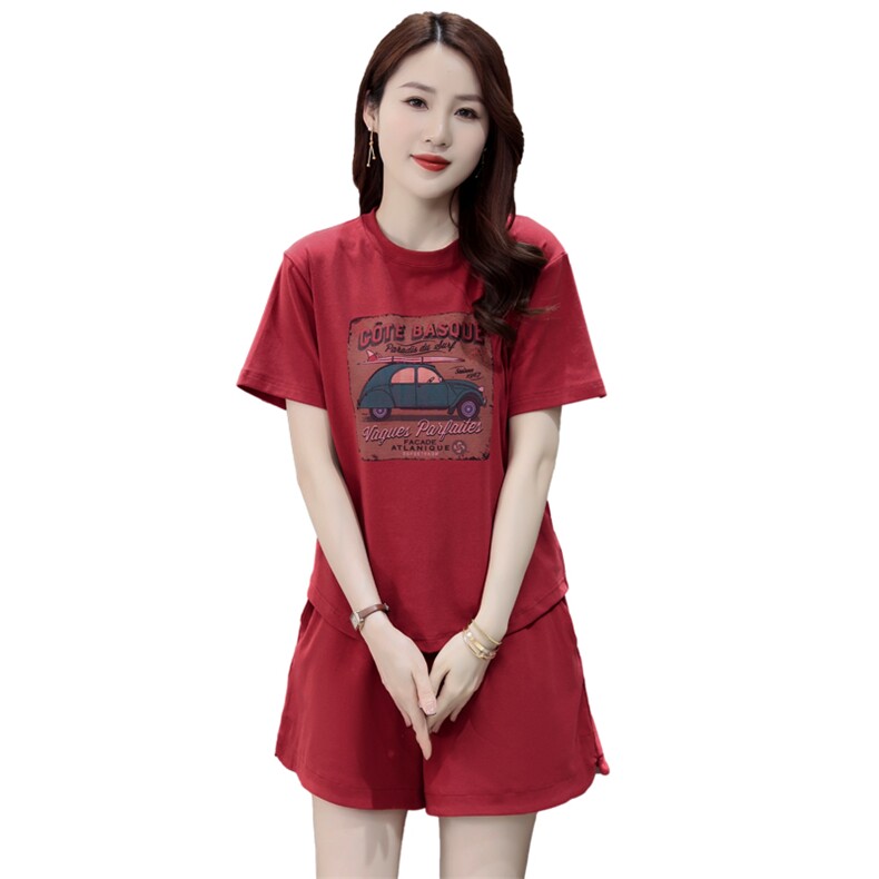 运动套装女夏新款时尚宽松显瘦纯棉印花减龄短袖短裤休闲服两件套,女装套装/套裙,凯瑟曼
