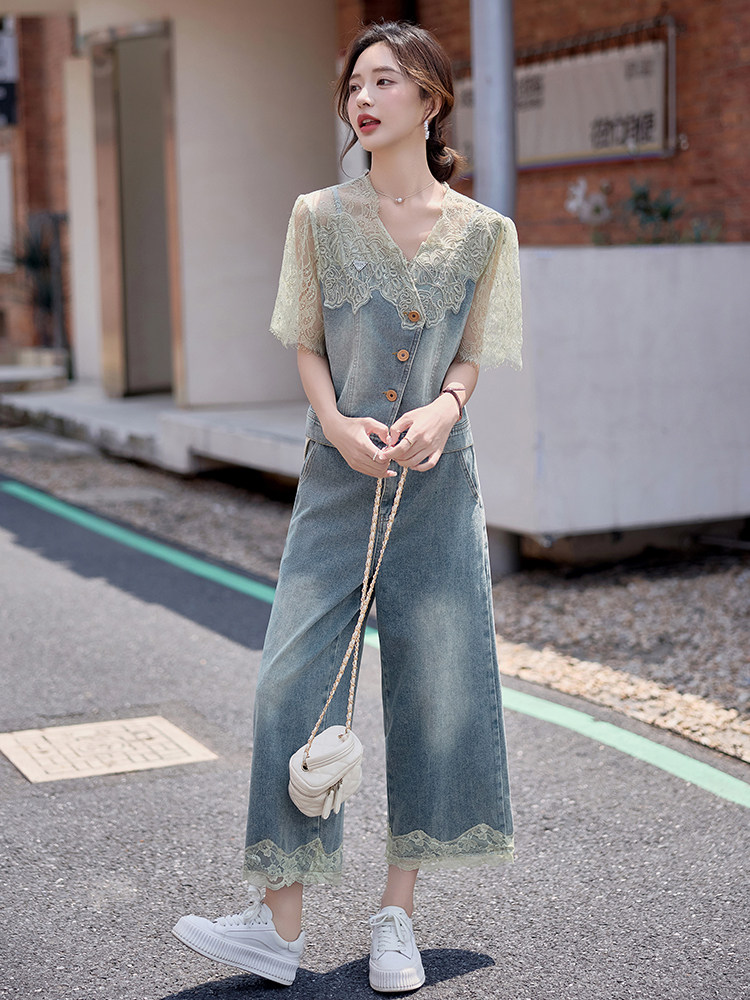 小香风蕾丝套装女2025夏日新款小个子时尚巨好看天丝牛仔两件套裤,女装套装/套裙,仟媚宠