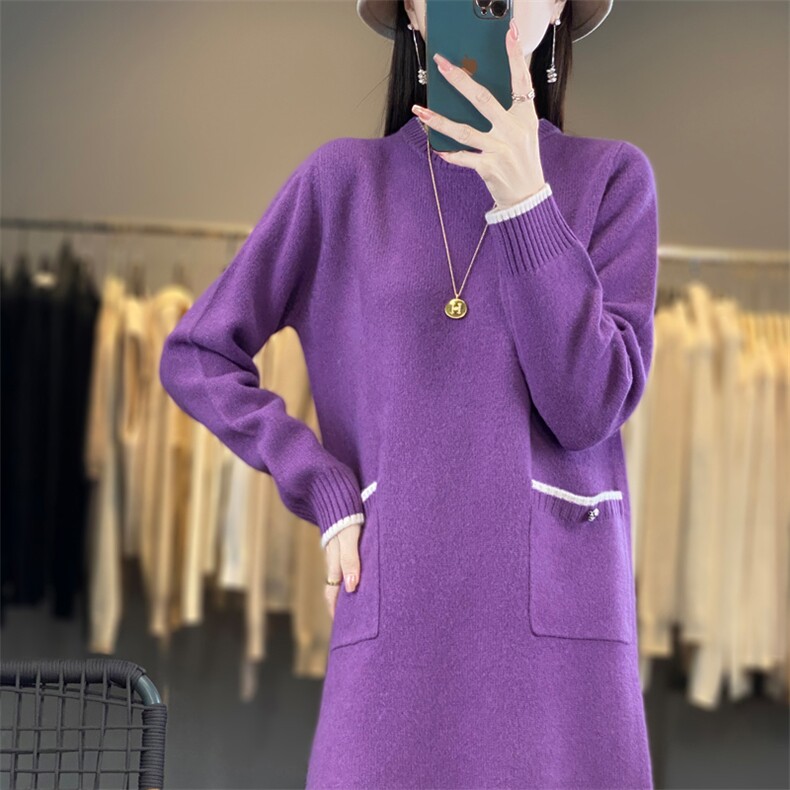 时尚显瘦中长款拼色针织连衣裙优雅百搭带兜设计,女装连衣裙,宛庄羊绒