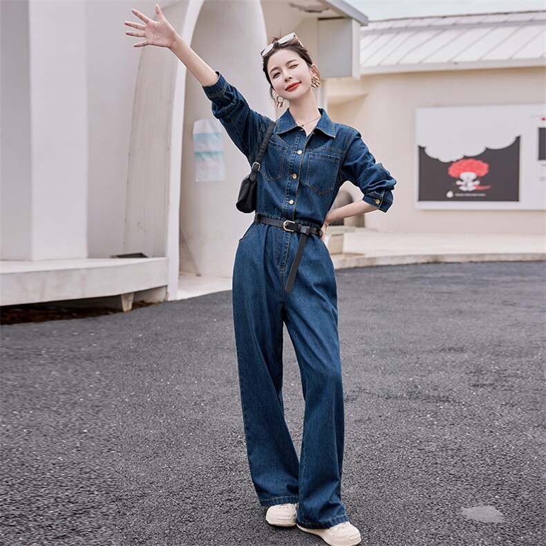 现货主推2025早春新款时尚潮流牛仔连体阔腿长裤（送腰带）,女装连体裤,新思路