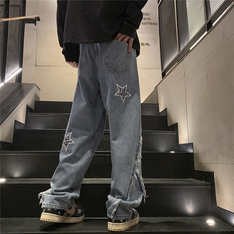D258KZ07P65控78高街设计感五角星刺绣毛边牛仔裤,男装牛仔裤,电商D258