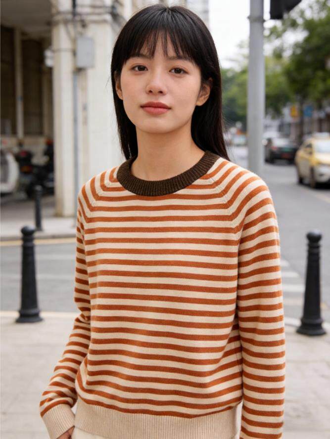 2026新款橘色条纹套头毛衣女,针织衫/毛衣,沐策羊绒