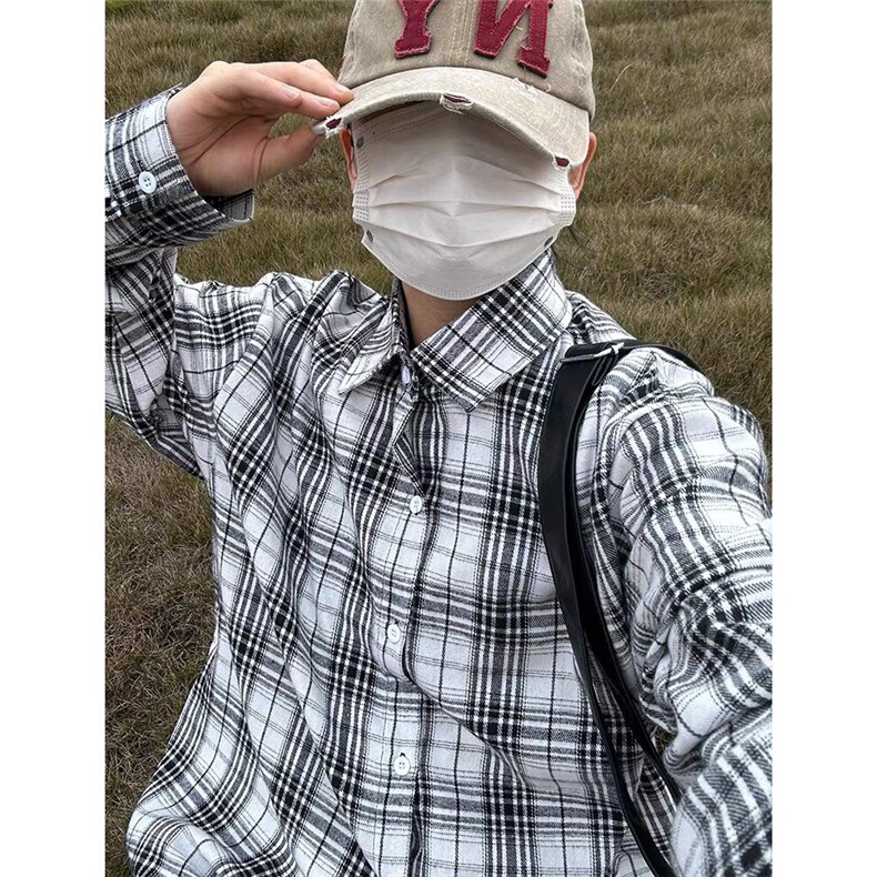 现货足春季穿搭长袖衬衣外搭开衫慵懒风格子衬衫CS322P,男装衬衫,星座205-3