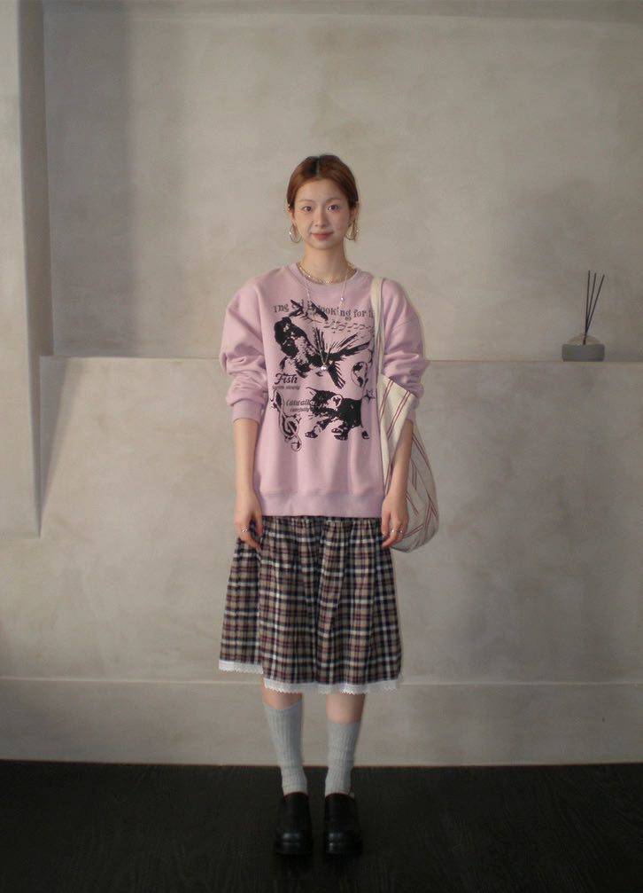 2025年秋季圆领时尚百搭通勤简约休闲加绒印花卫衣，女装卫衣/绒衫，湘姗