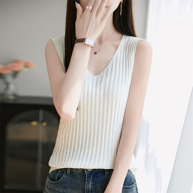 夏季纯棉吊带背心女内搭修身上衣V领短款无袖针织打底衫内搭外穿，女装背心吊带，秋双羊绒