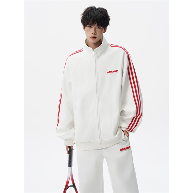 8XL-M条纹撞色开衫新年红卫衣运动套装潮牌运动服校园风TZ114P118,男装休闲套装,电商D206-1