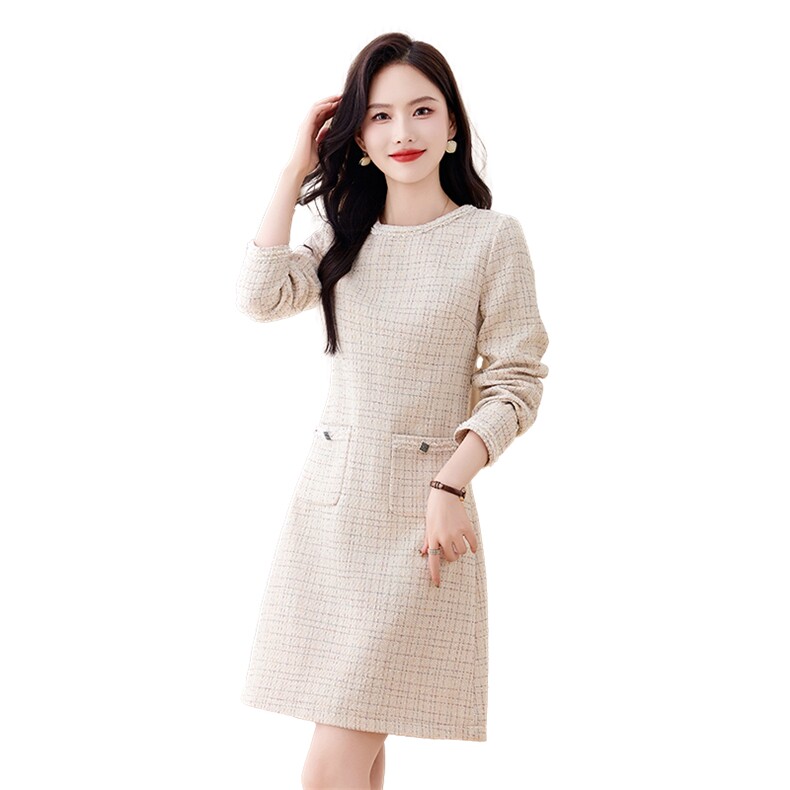 法式小香风中长连衣裙女2025春秋新款小个子气质修身显瘦直筒裙子,女装连衣裙,姿衣坊