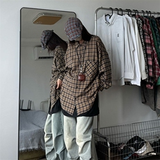 衬衣男秋季新款港风宽松磨毛格子长袖衬衫CS510-P38(现货），男装衬衫，星座214-3
