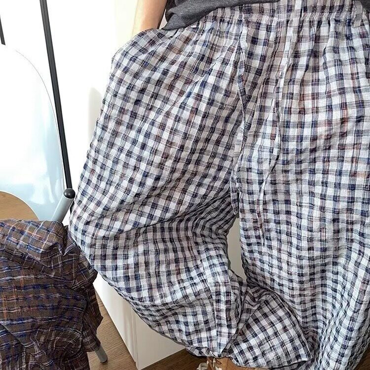 复古格子木耳边阔腿裤女夏薄款窄版宽松小个子直筒冰丝棉麻九分裤，男装休闲裤，星座1210-1