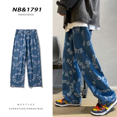 推荐！港风宽松潮流直筒牛仔长裤男女B377-N679-P4558，男装牛仔裤，电商B377