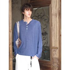 美式复古风亨利领打底衫高克重水洗男士纯色圆领长袖T恤上衣，男装T恤，星座516A