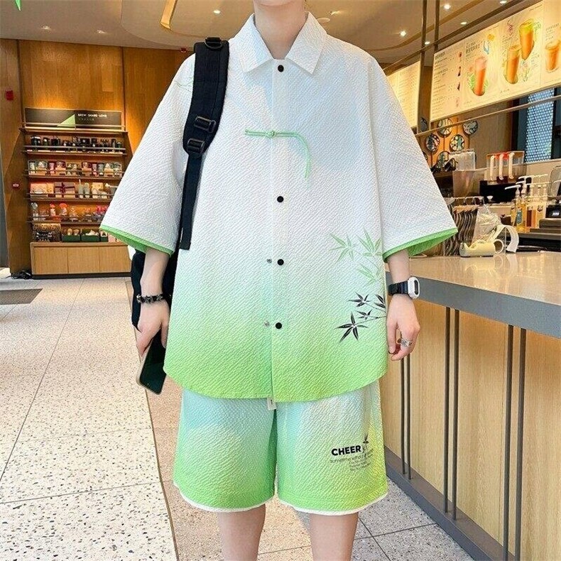 wassuphappy新中式套装男款夏季潮流渐变短袖衬衫痞帅一整套搭配,男装衬衫,电商D310B