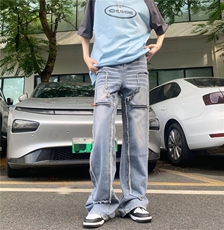 美式复古毛边直筒牛仔裤女拉链设计感高街高腰显瘦BK61-P70，男装牛仔裤，星座1109-3