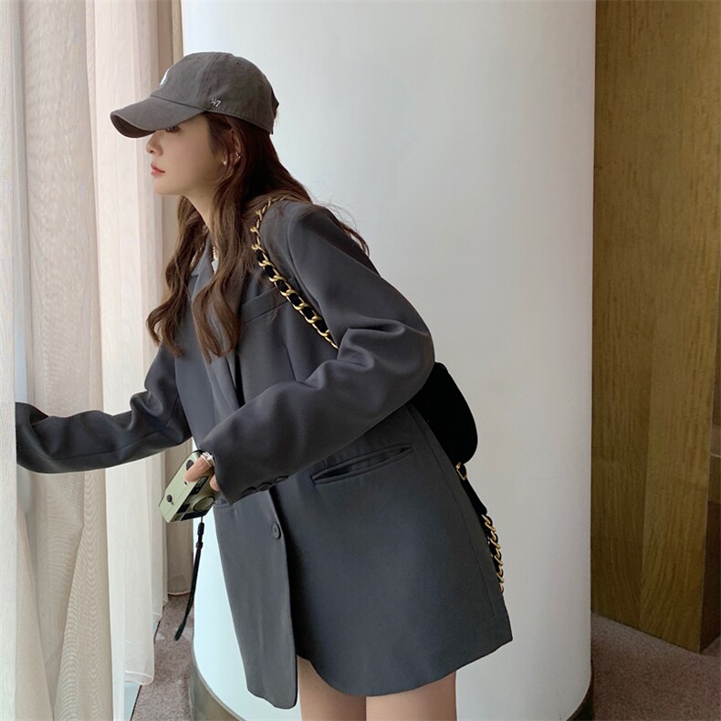 灰色后开叉小众设计感西装外套女2023春秋新款韩系小个子宽松西服,女装西装,菡迪欧娜