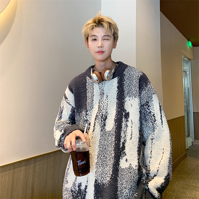 美式慵懒风不规则竖条纹高级感圆领毛衣男女针织衫-控88,男装针织衫/毛衣,星座310A-3
