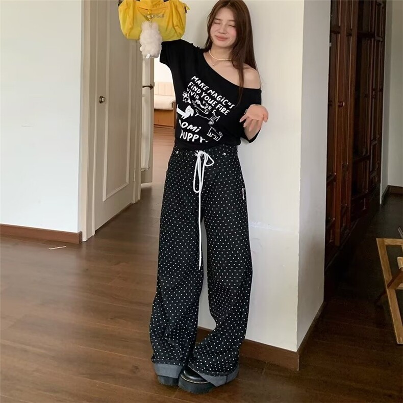 黑色波点直筒牛仔裤女2025新款夏季高腰显瘦宽松拖地阔腿休闲裤子,女装休闲裤,星座1210-1