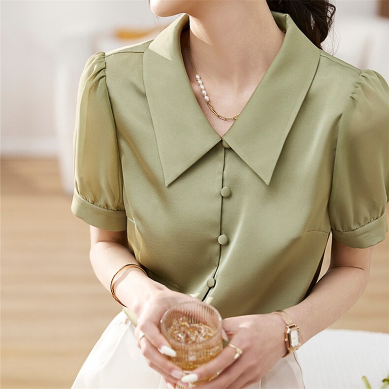 简约缎面衬衣2023夏季新款翻领泡泡袖休闲百搭质感女衬衫,女装衬衫,美吧服饰
