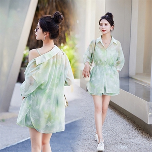 轻薄防晒衬衫套装女2024新款夏季防晒衣印花短裤三件套穿搭一整套图片