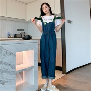 小个子桔梗背带裤女夏季洋气减龄直筒牛仔裤高腰可盐可甜阔腿裤子图片