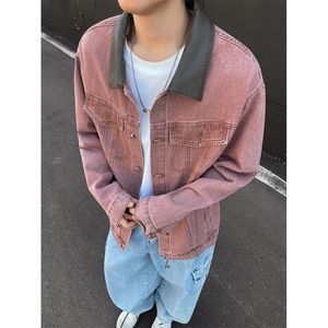 港风秋款男女牛仔夹克衫pu皮领宽松外套JK0072 P65图片
