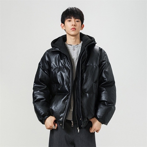 现货 假两件pu皮衣棉服外套男冬季新款加厚美式高街棉衣M106-P120图片