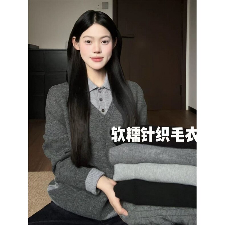 嘉兴产北极绒假两件miu系老钱polo领毛衣针织衫羊毛混纺ZZS13P65,男装针织衫/毛衣,电商D256