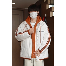 新款加厚拼色假两件连帽棉衣外套男大码保暖棉服M2915特P75控108，男装棉衣，电商A001
