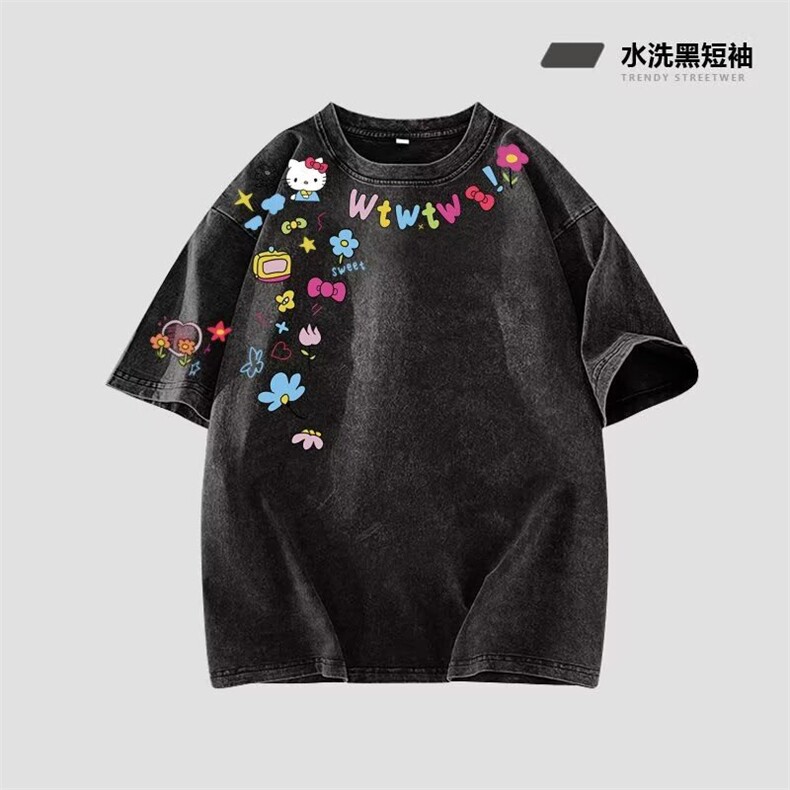 美式复古潮流卡通涂鸦字母印花多巴胺印花宽松短袖T恤GA532P24,男装T恤,星座1013-5