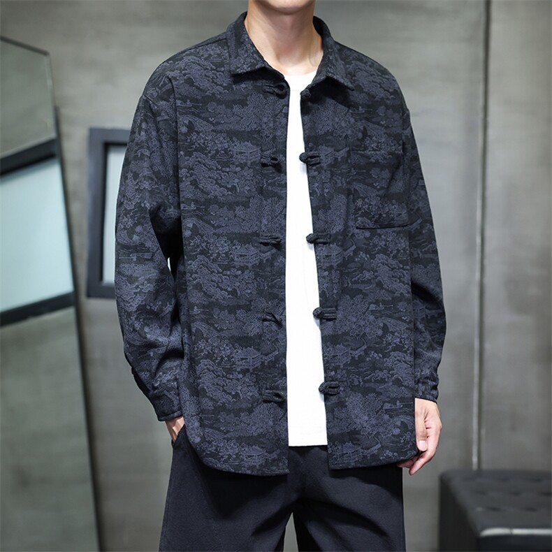 2025秋冬新款灯芯绒清明上河图风盘扣唐装汉服2535-P60,男装衬衫,电商A057B